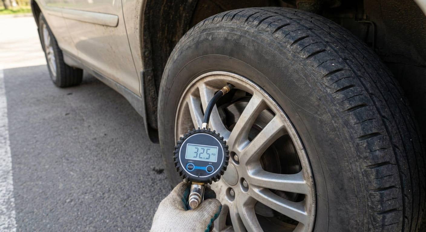 Колесо автомобиля с манометром для проверки давления в шинах