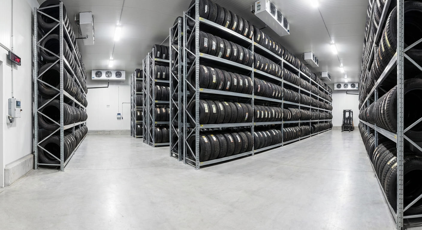 Автомобильные шины на стеллаже в сухом складском помещении