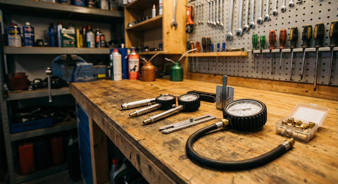 Манометр и инструменты для проверки давления в шинах на рабочем столе