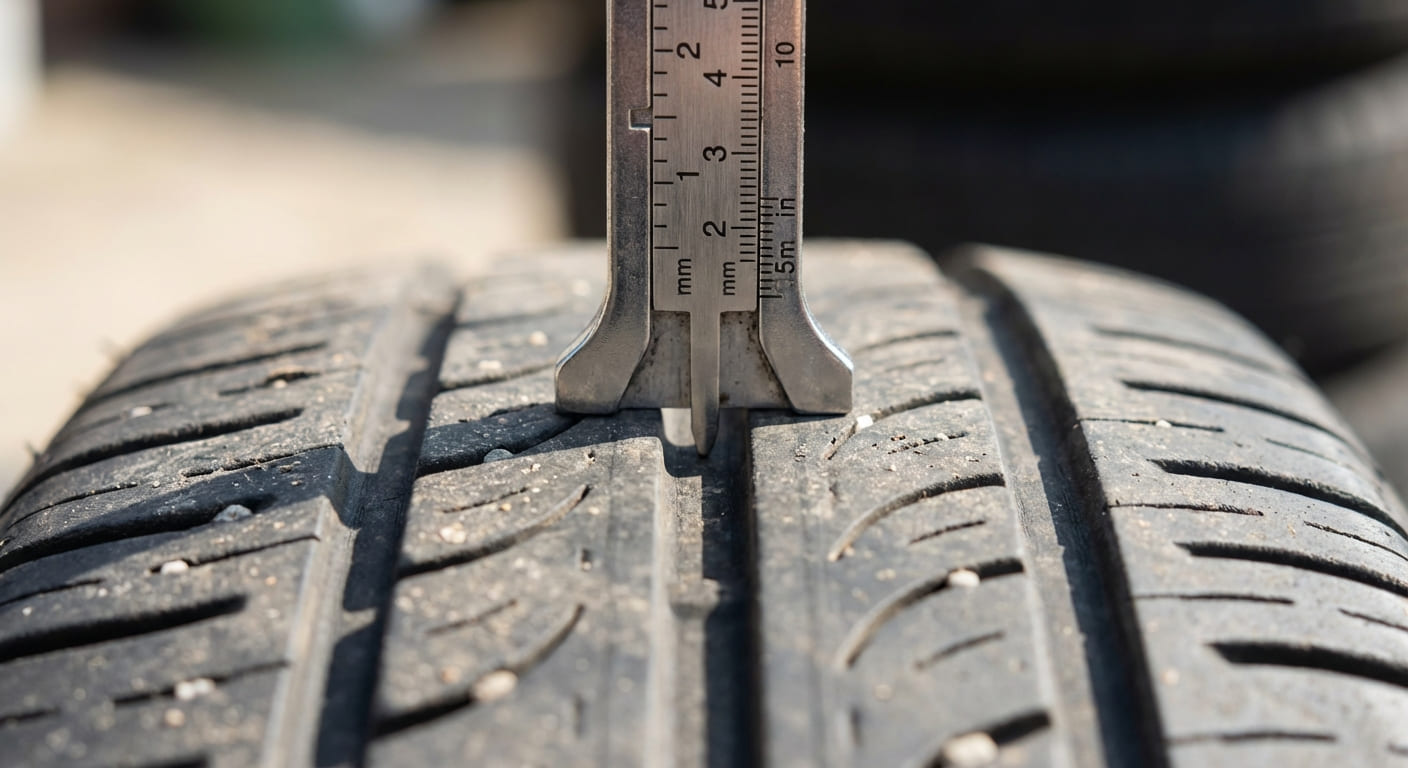 Измерение глубины протектора шины специальным инструментом